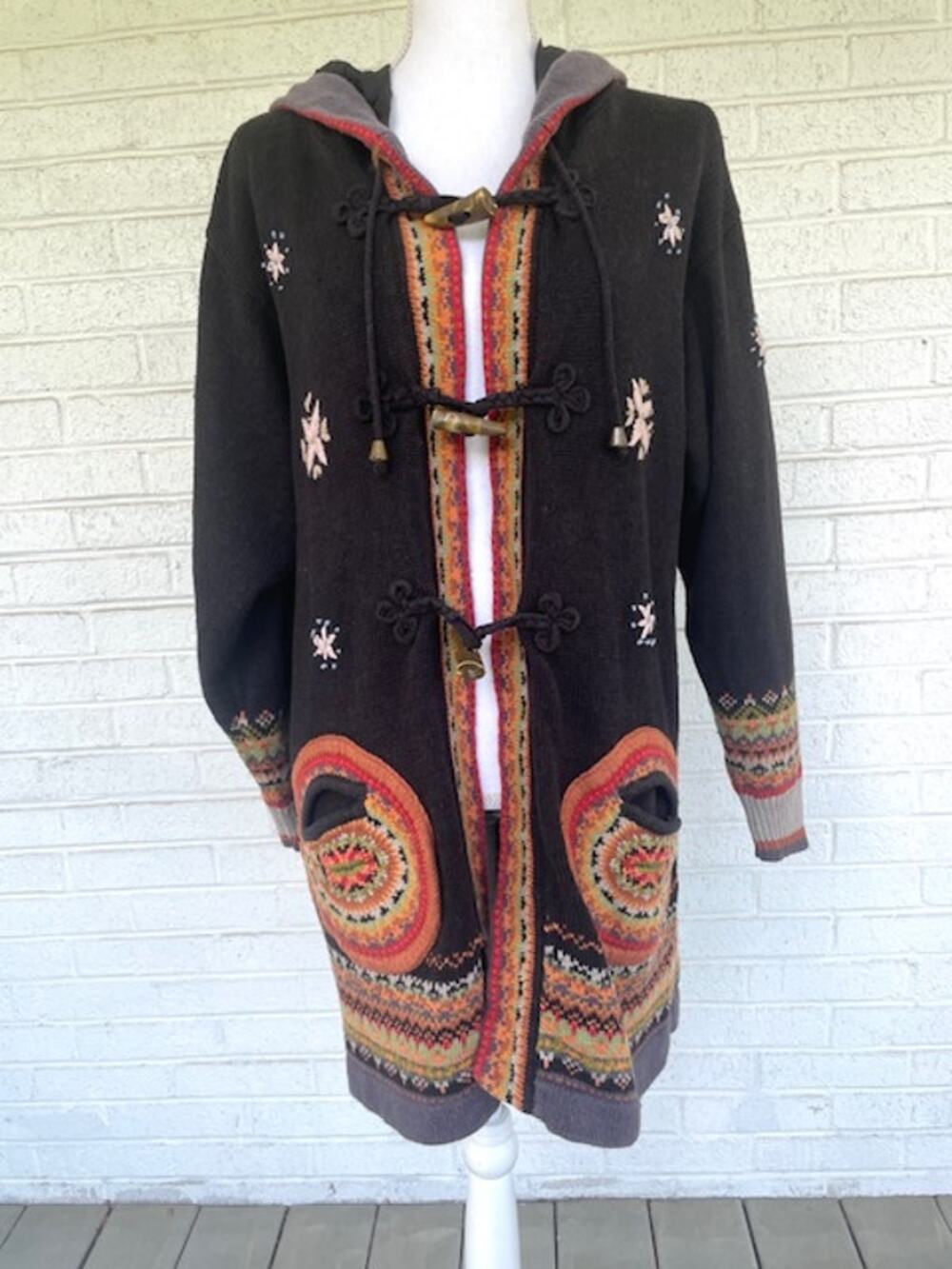 VTG 1990s Donna Emanuelle Knit Hooded Cardigan Jacket L Ramie Cotton Toggle